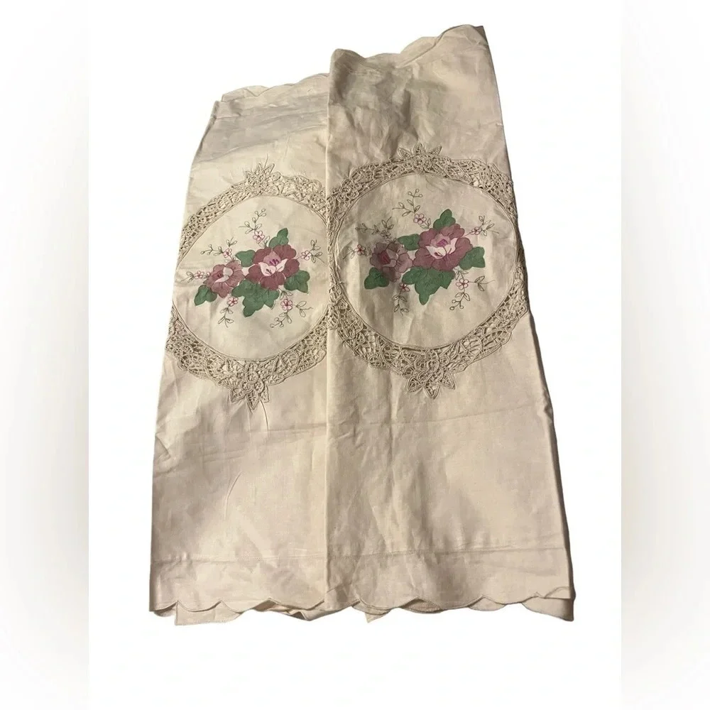 Battenberg Lace Handpainted Floral Square Pillow Shams Set of 2